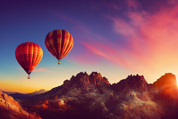 Fototapeta premium Two Hot air balloons during sunset with mountains in the background, Generative AI