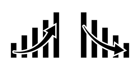Conjunto de iconos de gráficos de estadísticas con flecha de crecimiento y decrecimiento. Diagrama empresarial. Grafico de pérdidas y ganancias financieras. Ilustración vectorial - obrazy, fototapety, plakaty