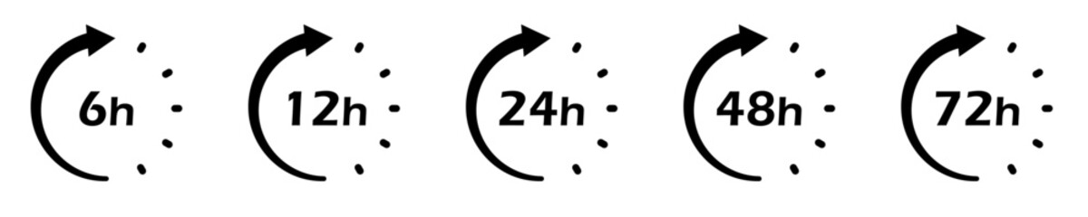 Conjunto de iconos de reloj con flecha de rotación. 6,12,24,48,72 horas. Hora de servicio de entrega. Ilustración - obrazy, fototapety, plakaty