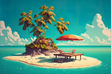 Obraz na płótnie Canvas Fantasy landscape of an exotic island on the sea with an umbrella and deck chair. AI