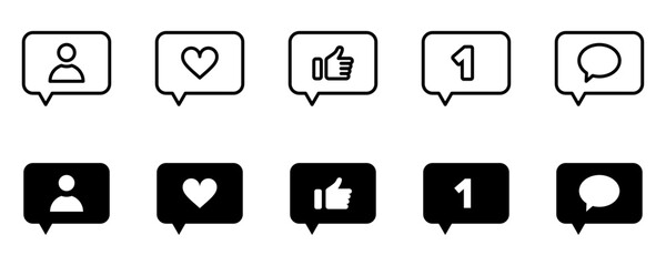 Conjunto de iconos de burbujas de notificaciones. solicitud, me gusta, comentario, número, corazón. Ilustración vectorial - obrazy, fototapety, plakaty