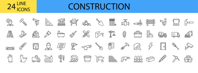 Home repair, construction, renovation, building. Editable stroke.Set of 60 outline web icons.