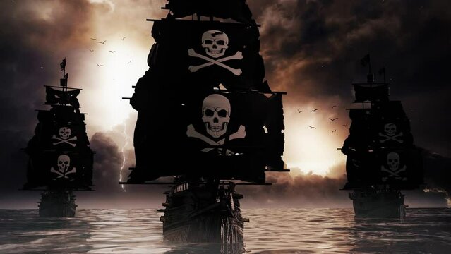 3D Jolly Roger Pirate Galleons sailing in the Ocean - Loop Landscape Background V2
