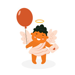 Cute baby Cupid with letter and balloon. Baby cherub angel character isolated on white background. Vector illustration for St. Valentine's Day card, print, kids products design.