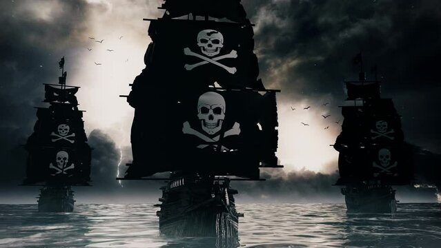 3D Jolly Roger Pirate Galleons sailing in the Ocean - Loop Landscape Background