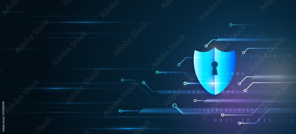Poster Abstract high tech background. Data security system, information, or network protection. Cyber security and data protection. Shield icon, future technology for verification.