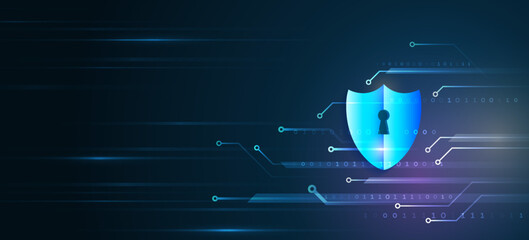 Abstract high tech background. Data security system, information, or network protection. Cyber security and data protection. Shield icon, future technology for verification.