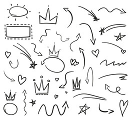 Infographic elements on isolation background. Collection of arrows on white. Signs for design. Hand drawn simple crowns. Line art. Abstract circles. Doodles for work