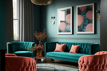 ai midjourney illustration of a modern living room in trend color turquoise