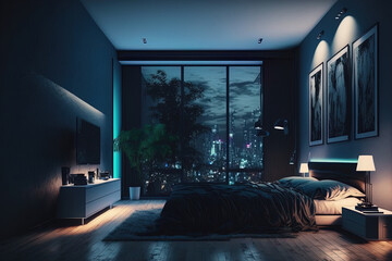 Bedroom dark room interior. Neon light, large bed, plants. Modern evening bedroom interior. AI