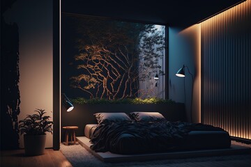 Bedroom dark room interior. Neon light, large bed, plants. Modern evening bedroom interior. AI