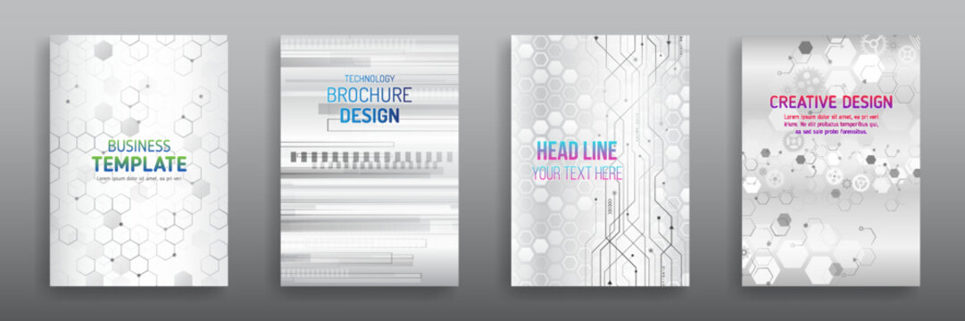 Futuristic business posters. Technology covers corporate documents. Layout template science designs. Brochure, flyer, book, annual report. White hi-tech vector illustrations for business presentations