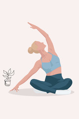 Blond girl doing yoga pilates gymnastics sport in blue t-shirt and dark blue leggings in flat style on white background with drawing flowers	