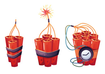 Dynamite bomb explosion tnt detonator fuse fireworks isolated set collection concept. Vector graphic design illustration - obrazy, fototapety, plakaty
