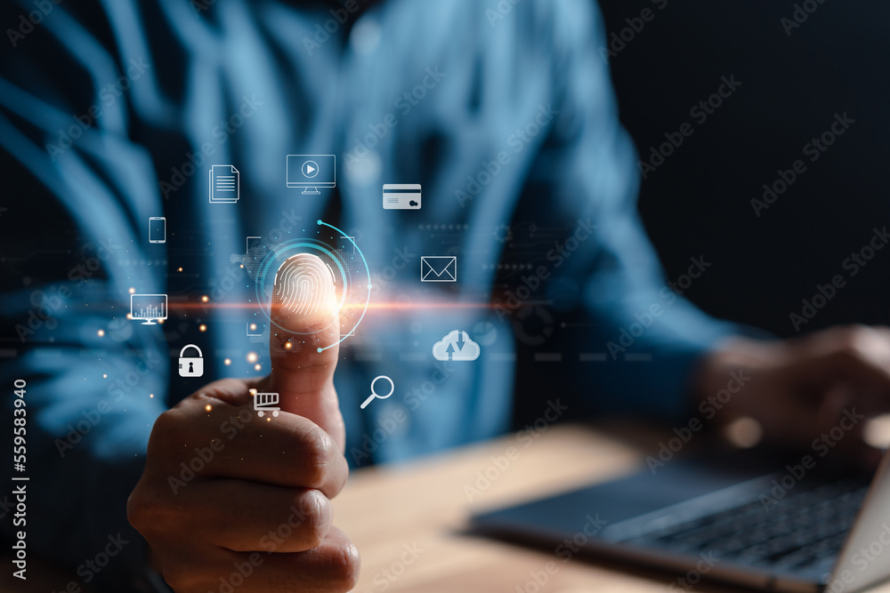 Poster Futuristic digital processing of biometric identification fingerprint scanner. concept of surveillance and security scanning of digital programs cyber futuristic applications..