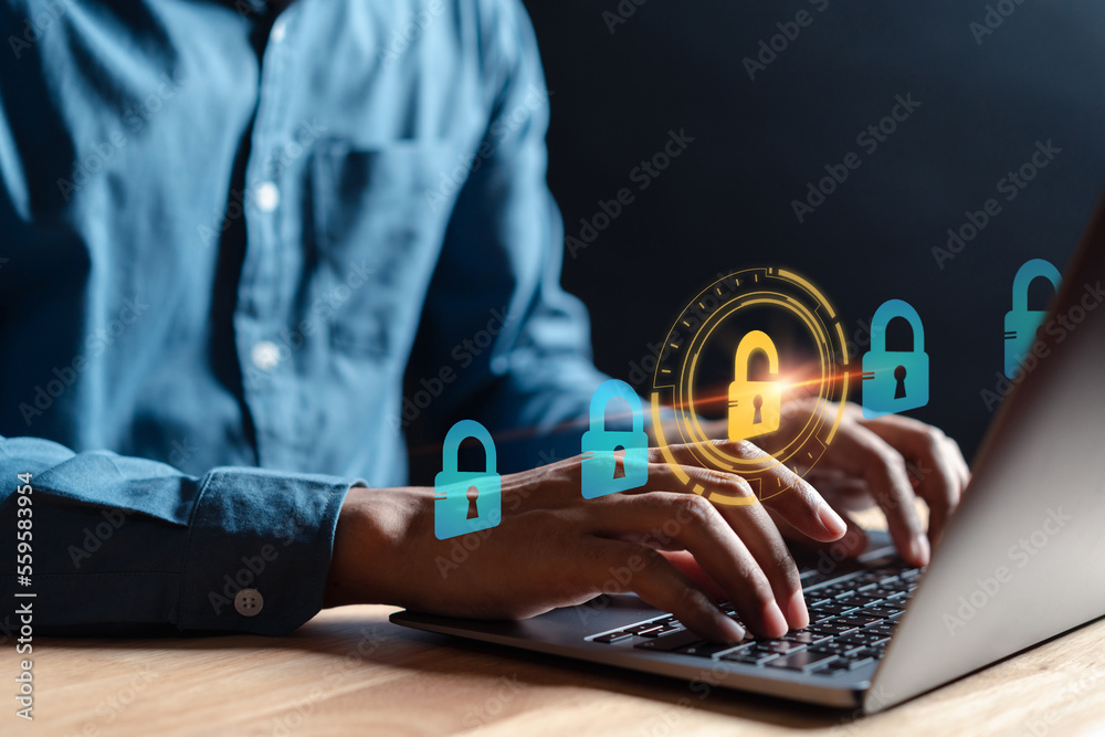Poster Cybersecurity concept identity theft, Database hacks, internet cyber crime. hacker attack, Hacking and stealing data. damage the system and hack the data.