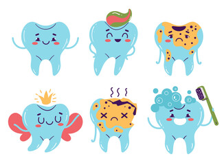 Dental care tooth teeth characters. Mouth cleaning procedure concept. Vector graphic design illustration