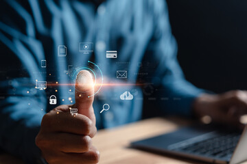 Futuristic digital processing of biometric identification fingerprint scanner. concept of surveillance and security scanning of digital programs cyber futuristic applications..