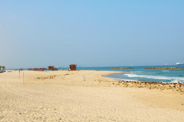 View on public beach on Mediterranean Sea in the morning in Ashkelon, Israel