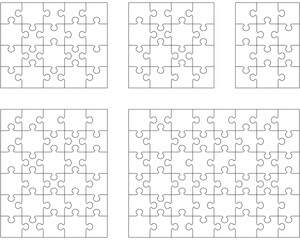 Illustration of five white puzzles, separate pieces	