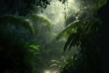 Fototapeta premium Dark tropical forest in the rain, large exotic plants in the forest. Green background. AI
