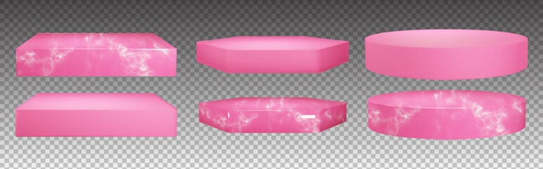 Set of pink marble pedestals for jewelry showcase. Bright stone stages on transparent background in vector. Mockup template with blank podiums