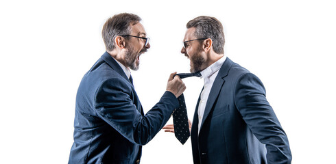 subordinate of two angry businessmen isolated on white background. businessmen arguing