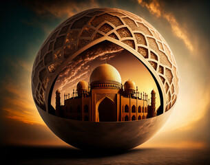 Naklejka premium Mysterious orb illuminated by golden sunlight, featuring Islamic architecture that's at once spiritual and universally inspiring. A captivating image of the divine world and human life.
