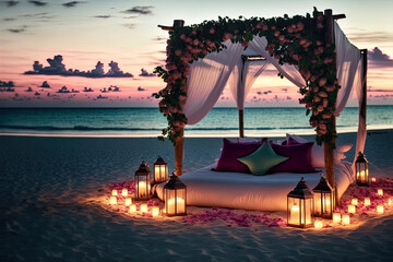 Naklejka premium Cozy wooden bed on the seashore decorated with greetings and candles. Romantic evening by the sea. Beautiful sunset. AI