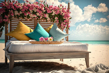 Cozy wooden sofa on the seashore decorated with tropical flowers. Romantic vacation by the sea. Sunny Beach. AI