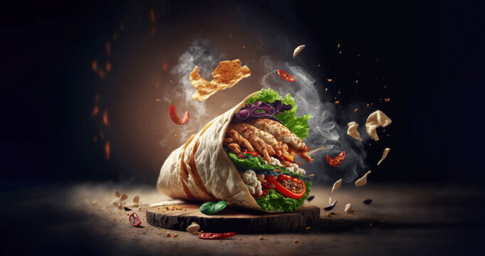 fresh grilled chicken wrap roll with flying ingradients and spices hot ready to serve and eat with copyspace area