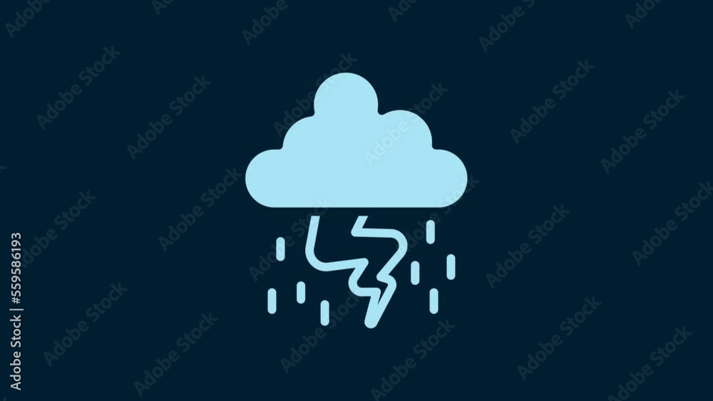 Sticker White Storm icon isolated on blue background. Cloud and lightning sign. Weather icon of storm. 4K Video motion graphic animation