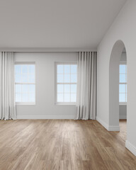 Empty white arch wall with window. 3d rendering of interior living room with sky background.