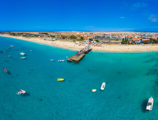 Aerial view of Santa Maria, Sal Island, Cape Verde (Cabo Verde). Drone shot.
