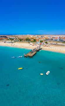 Aerial view of Santa Maria, Sal Island, Cape Verde (Cabo Verde). Drone shot vertical.