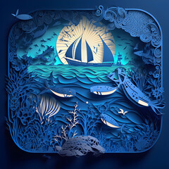 Sea Fishing Sailing Papercut Diorama. Underwater Fish and Wildlife Illustration. Generative AI