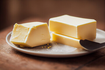 fresh fatty cubes of butter for sandwiches lie on a plate for breakfast, generative AI