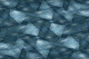 Textured white transparent material in triangle squares shapes in random geometric pattern. Modern abstract dark blue background design.