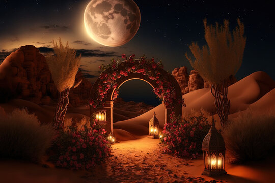 Romantic evening in the desert on the sand. Evening sunset, lanterns, flowers and candles. Night desert landscape, rest. AI