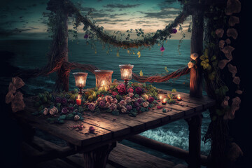 Romantic evening by the sea. Evening sunset, festive wooden table setting, lanterns, flowers and candles. Night seascape, rest. AI