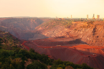 Iron ore quarry landscape with transport