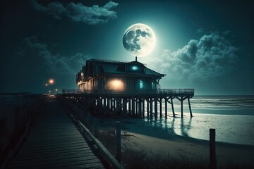 Sea night landscape with wooden pier, big moon. AI