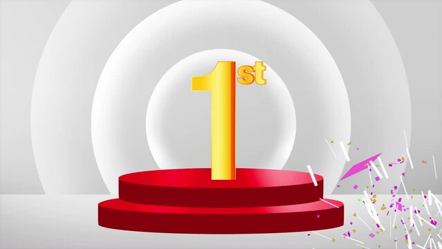 First Position 3d rendered podium with a golden number and confetti celebration 4k animation. 1st position celebratory animation