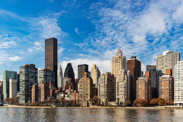 The skyline of the Turtle Bay / Midtown East area of Manhattan on a fall morning, as viewed from Roosevelt Island.
