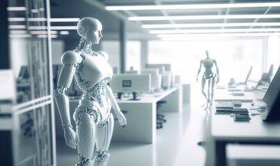 Android robots working in the office. Digital technology hi-tech background. Modern empty blurred office interior background. automation concept