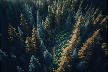 Forest landscape aerial photography. AI