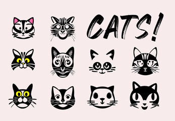 Fototapeta premium Cat vector set, black cat designs, cat face vectors, cat illustrations