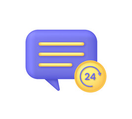 3D Speech Bubble and 24 hours watch with arrow. Chatting, support service, help, working hours concept.