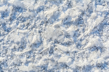 Beautiful lush sparkling snow crystals in the form of snowflakes and feathers with an unusual pattern. Winter abstract background