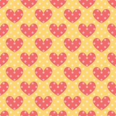 Vector seamless pattern with hearts in polka dots. Cute design for fabric, wrapping, wallpaper for Valentine's Day.